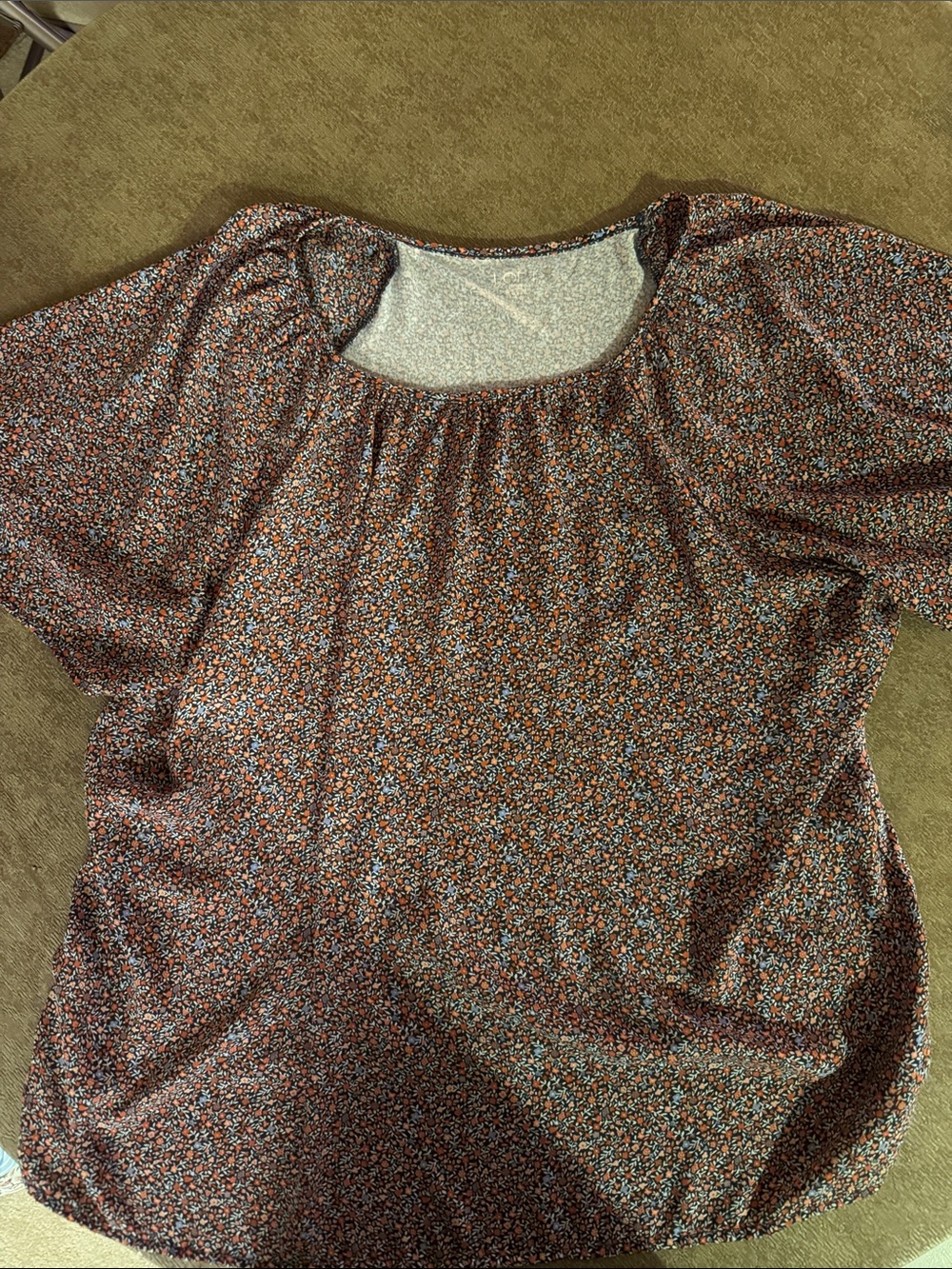 LOFT Rust Floral Puff-Sleeve Blouse with Blue and Cream Accents